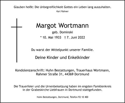 Traueranzeigen Von Margot Wortmann Trauer In Nrw De