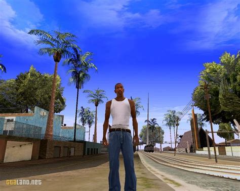 A Man Standing In The Middle Of A Street With Palm Trees On Either Side