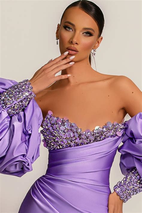 Purple Long Sleeves Beadings Unique Evening Dress Mermaid With Sequins Ballbellas