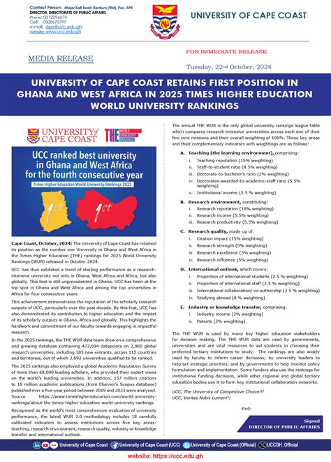 UNIVERSITY OF CAPE COAST RETAINS FIRST POSITION IN GHANA AND WEST AFRICA IN 2025 TIMES HIGHER ...