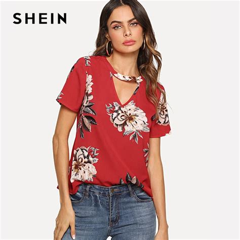 Buy Shein Red Elegant V Cut Neck Keyhole Back Floral