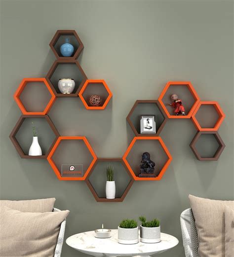 Buy Set Of 12 Engineered Wood Hexagon Shape Wall Shelf In Multicolour