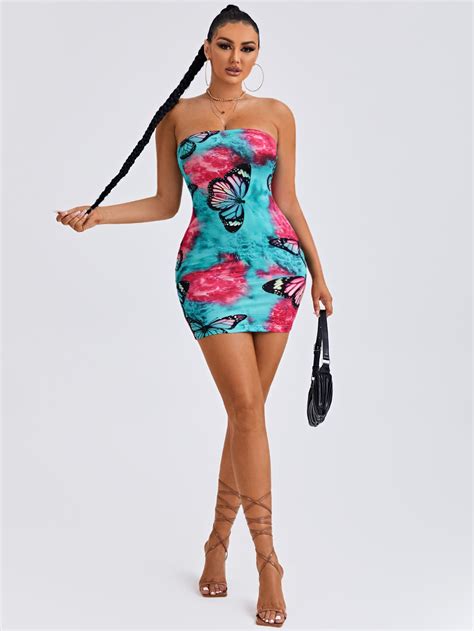 Shein Sxy Vestido Ajustado Tubo De Tie Dye Con Estampado De Mariposa