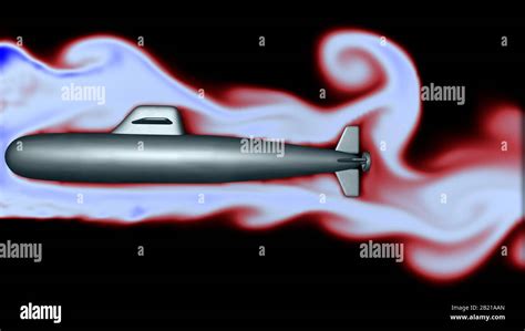 Fluid , air flow around submarine body. Hydrodynamics . 3d render ...