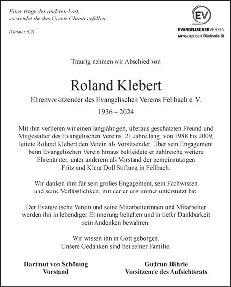 Traueranzeigen Von Roland Klebert Stuttgart Gedenkt De