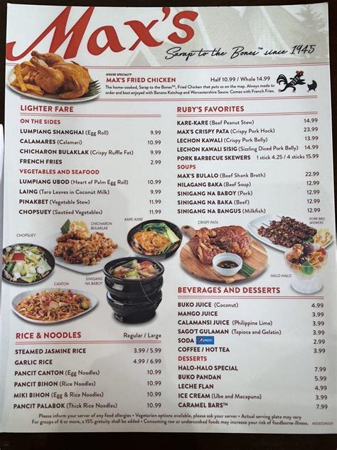 Menu at Max's Restaurant Houston, Houston