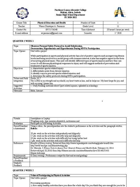 Pe 11 Module Quarter 2 Week 1 4 Pdf Physical Fitness Physical