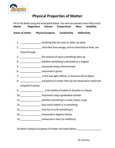 Physical Properties Of Matter Worksheet