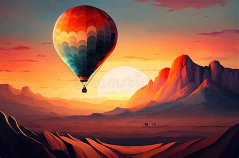 Hot Air Balloon Flying Over The Mountains At Sunset Generative Ai