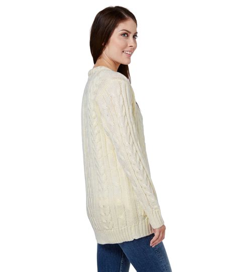 Cream Pure Wool Womens Pure Wool Aran Crew Neck Cardigan