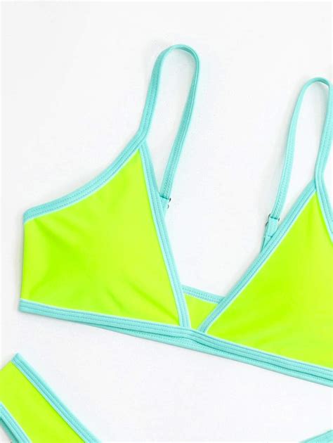 Shein Swim Summer Beach Contrast Binding Triangle Neon Bikini Set