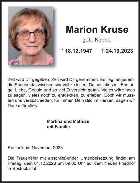 Traueranzeigen Von Marion Kruse Trauer Anzeigen De