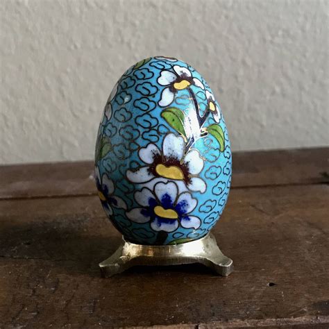 Vintage Cloisonne Egg Turquoise Blue Enameled Floral Egg Etsy