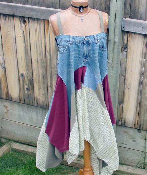 Earthy Hippie Shirt Upcycled Jeans Boho Chic Clothing Women S Flowing