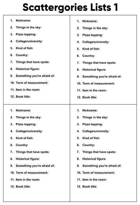 Scattergories Questions Printable - Printable Free Templates