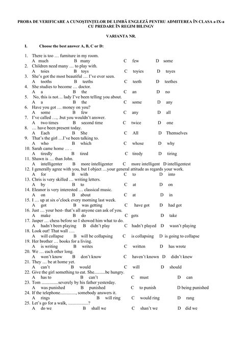 Academiaabc Proba De Verificare Limba Englez Clasa A Ix A Bilingv
