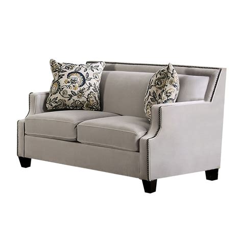 Benjara Kiyi Inch Loveseat Pillows Cushion Seating Nailhead