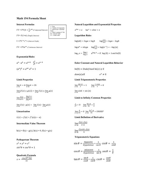 Math Formula Sheet Converted Math Formula Sheet Interest