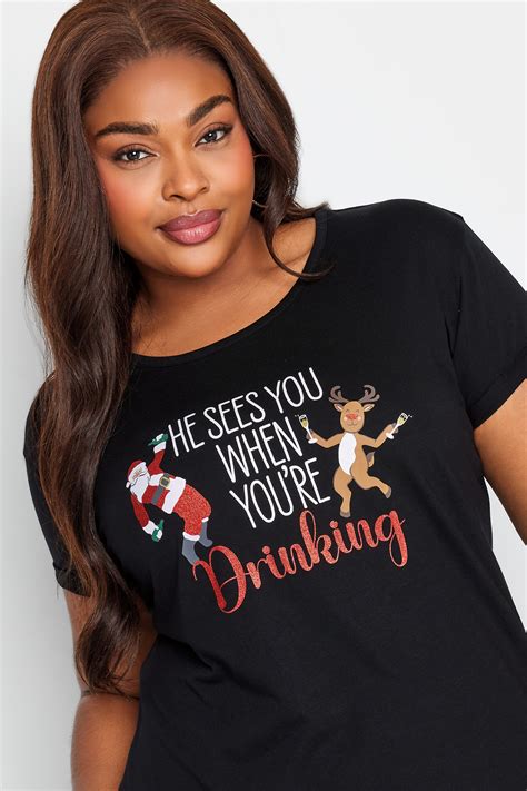 Yours Curve Plus Size Black He See S You When You Re Drinking Christmas T Shirt Yours Clothing