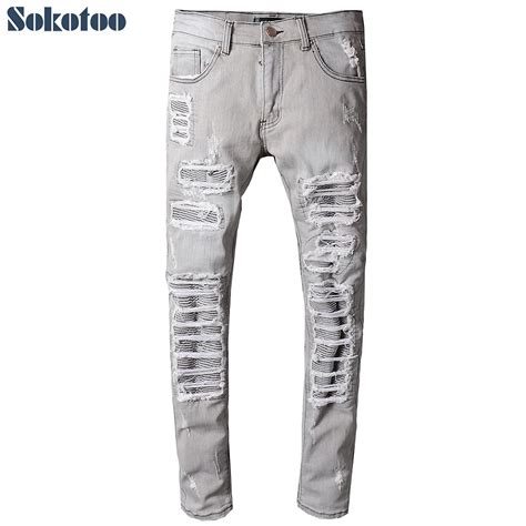 Sokotoo Men S Slim Skinny Gray Biker Jeans For Motorcycle Casual