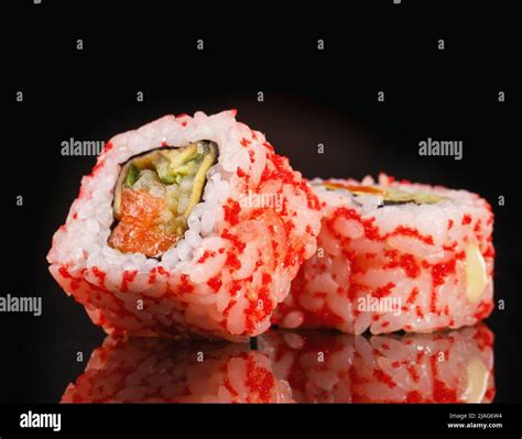 Sushi On A Black Background With Reflection Macro Shooting Stock Photo