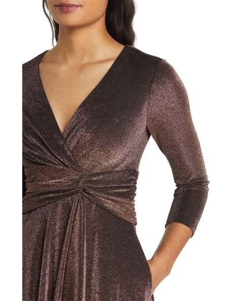 Eliza J Metallic Long Sleeve Faux Wrap Cocktail Dress In Brown Lyst