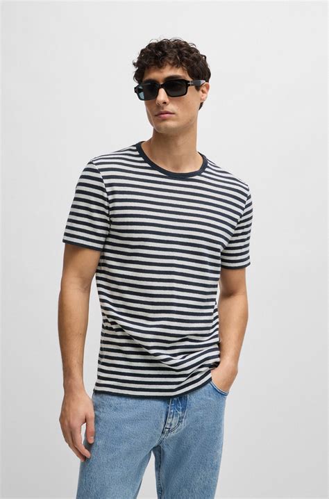 Boss Horizontal Stripe T Shirt In Cotton And Linen