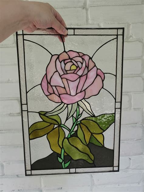 Pink Rose Stained Glass Panel Window Hanging Flower Suncatcher Tiffany Glass Art Custom Stained