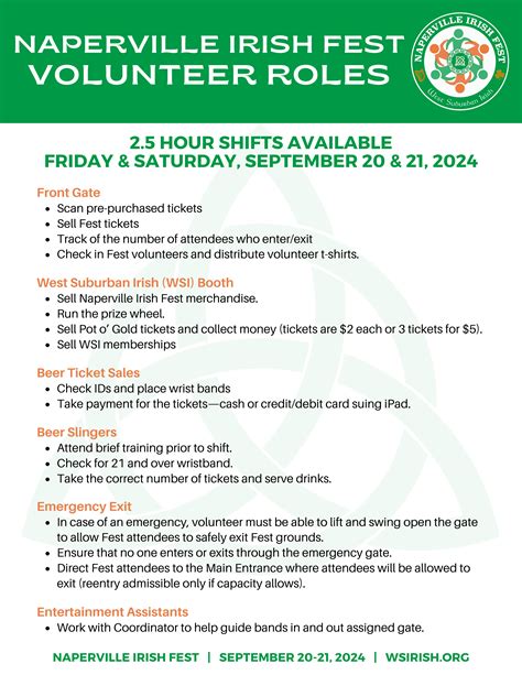 Descriptions Of Volunteer Roles At Naperville Irish Fest West