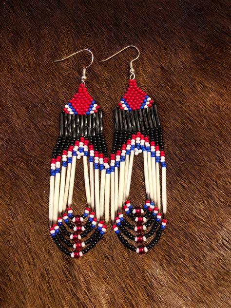 Porcupine Quill Earrings - Native American - Red White Blue - Glass ...