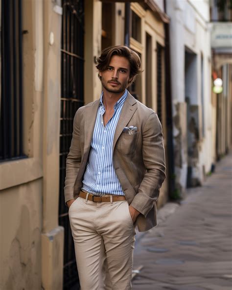 Blazer Beige Con Camisa De Rayas Azules Hockerty