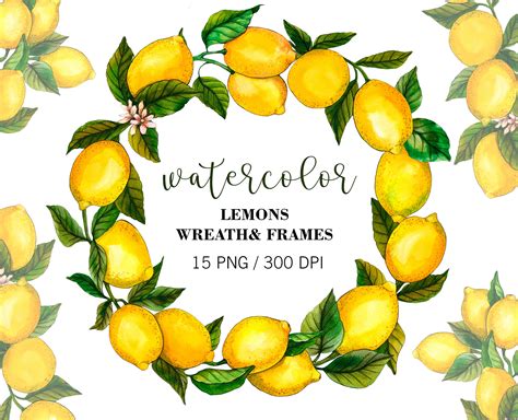 Watercolor Lemon Wreath Watercolor Lemon Frame Clipart Lemon Etsy