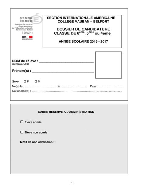 Remplissable En Ligne Dossier De Candidature Classe De Ou Me