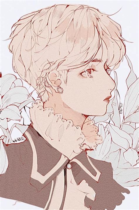 A Drawing Of A Boy With Flowers In His Hair And An Earring On The Other