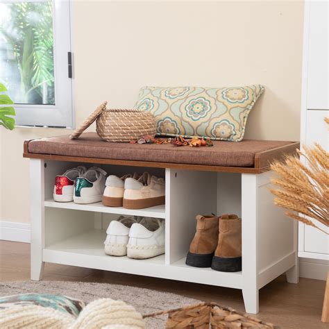 Wildon Home® Shoe Storage Benches White Rack Bench With Brown Padded Seat Cushion And Tmulti