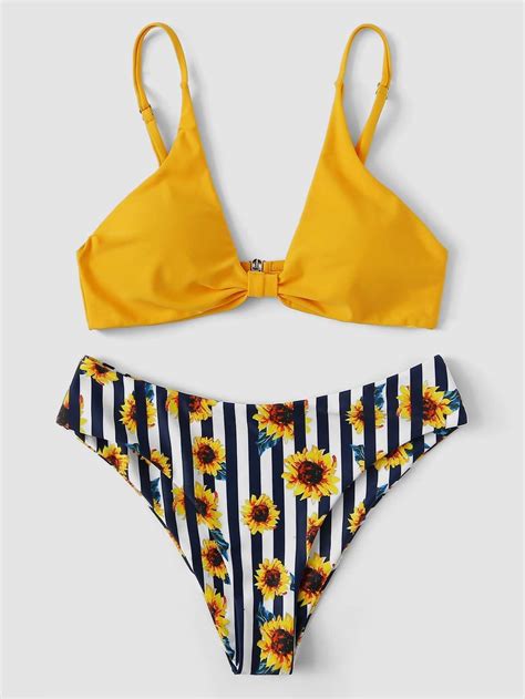 Yellow Triangle Cami Top With Striped Sunflower Print Bikini Bottom