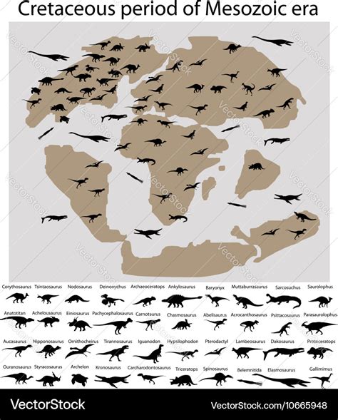 Dinosaurs of cretaceous period on map Royalty Free Vector