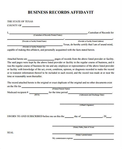 Business Records Affidavit Texas Template TUTORE ORG Master Of