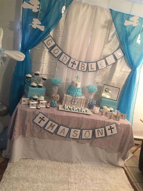 Boy Christening Blue Silver And White Cake Table Baptism Party