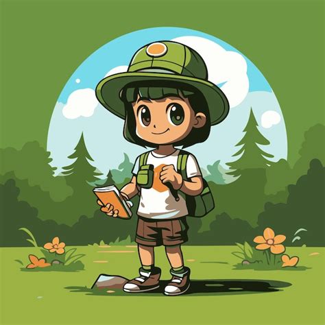 Lindo niño explorador con mochila y mapa en el bosque ilustración