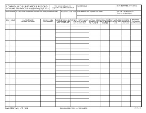 Da Form 3949 Download Printable Pdf Controlled Substances Record Templateroller