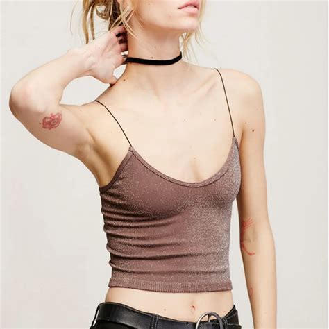 Backless Cami Female Chic Shining Party Basic Silver Top Camisole Cropped Sexy Crop Top Causal