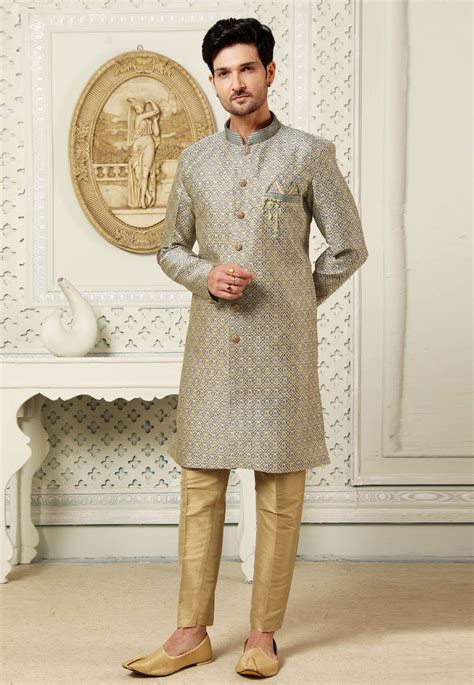 Mehndi Jacquard Silk Indo Western Suit