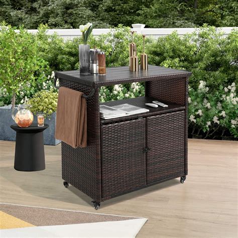 Outdoor Wicker Bar Cart Patio Wine Serving Cart W Wheels Rolling Rattan Beverage Bar Counter