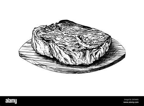 Meat Steak On Wood Board Hand Drawing Sketch Engraving Style Vector