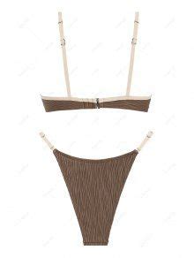 Wave Textured Contrast Piping Triangle Tanga Bikini Set In Deep Coffee