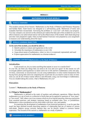 GE 7 MMW Module 2 Study Guide PANGASINAN STATE UNIVERSITY GE7