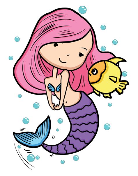 Hand Drawn Cute Mermaid Cartoon Character With Fish Sea Creature