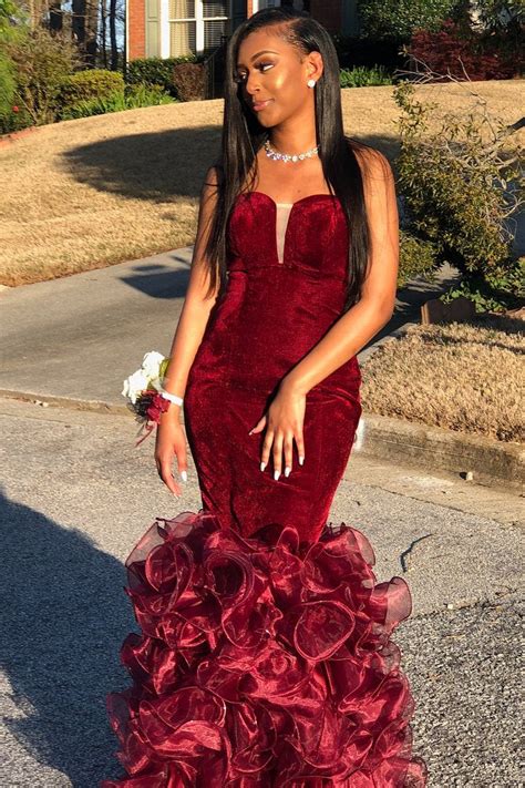 Burgundy Velvet Strapless Prom Dress With Organza Ruffled Skirt