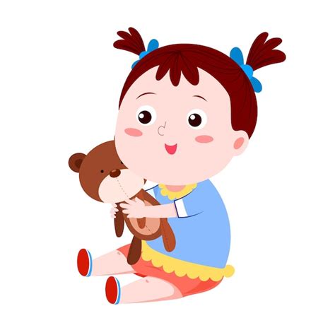 L Illustration Mignonne De Petite Fille Embrasse Un Ours Vecteur Premium